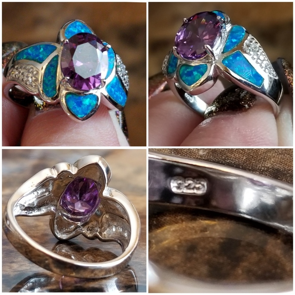 Genuine 3ct Amethyst & Australian Opal Ring Size 9 - Picture 4 of 5